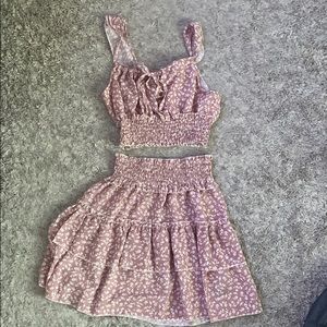 Pink and white floral skirt set